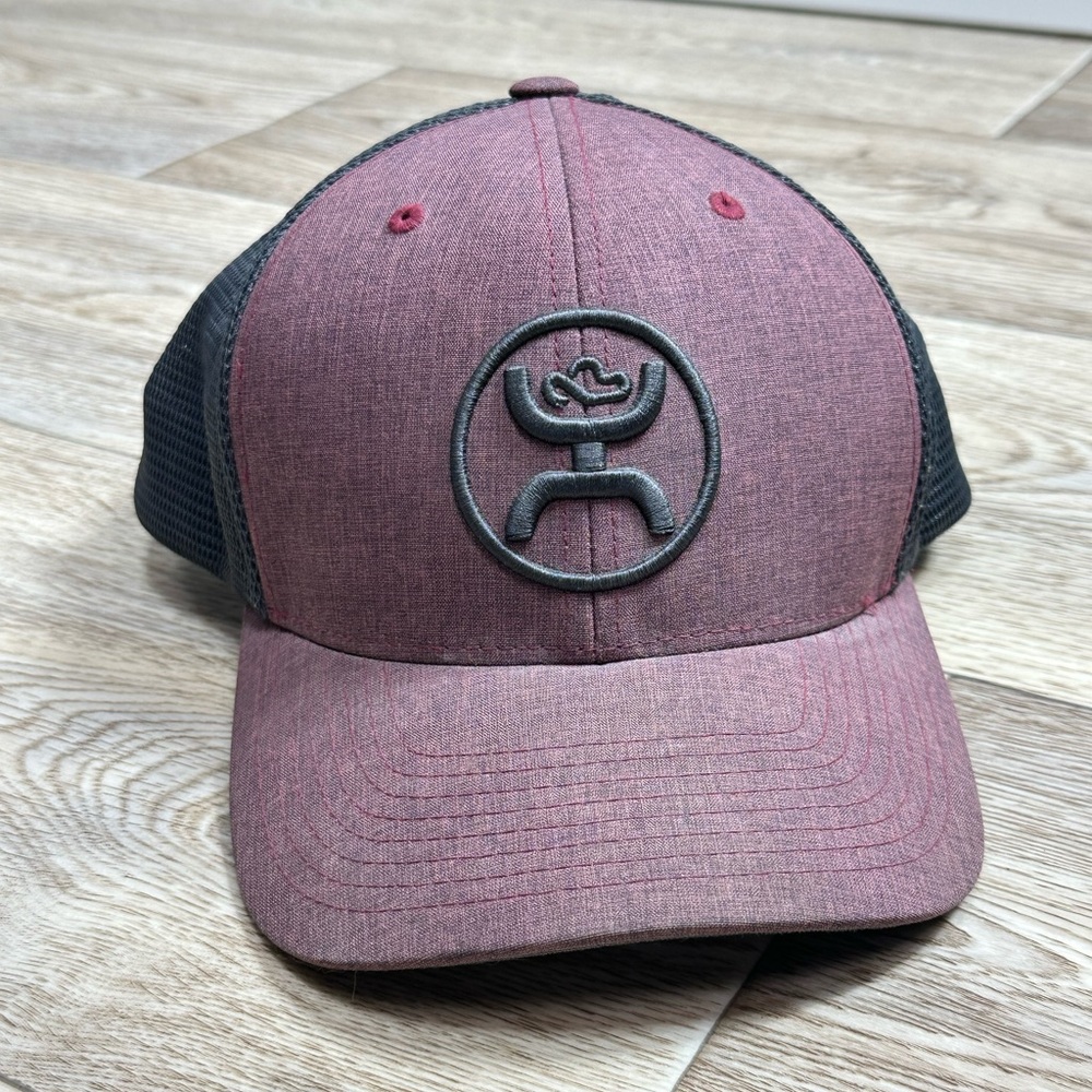 HOOEY Men's Mesh PRIMO Trucker Mesh Logo Cap Burgundy Charcoal EUC D189 Cowboy